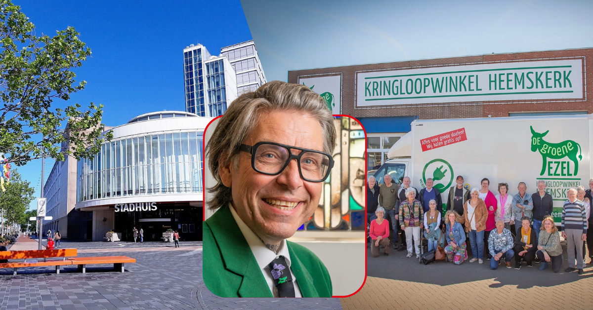 Profielfoto van Marc Hanou op de voorgrond. Op de achtergrond is links het stadhuis van Almere zichtbaar op een zonnige dag. Op de achtergrond rechts staan de vrijwilligers van Kringloopwinkel De Groene Ezel in Heemskerk voor de winkel.