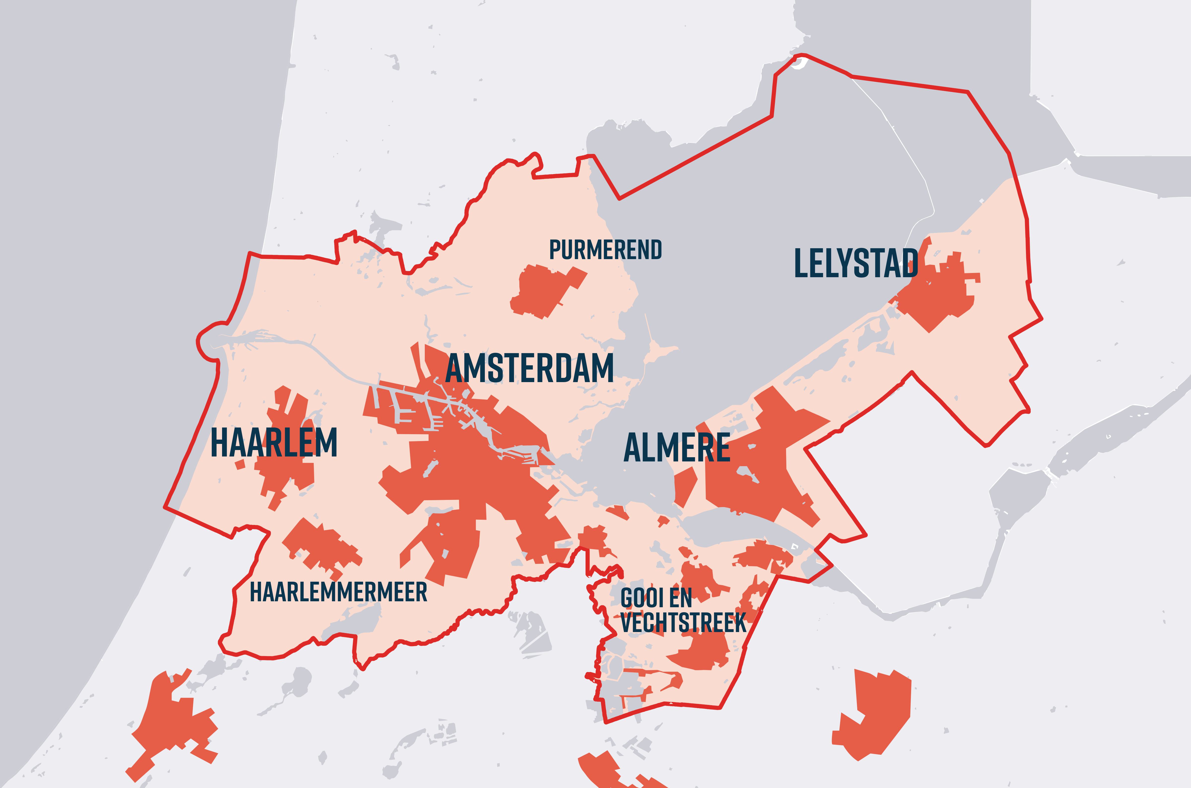 Kaart van het gebied van de Metropoolregio Amsterdam. In dit gebied vallen de steden Haarlem, Haarlemmermeer, Amsterdam, Purmerend, Almere, Gooi en vechtstraak en Lelystad.
